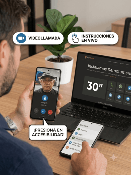 Javier dando instrucciones por videollamada a un cliente con el dispositivo Android en mano